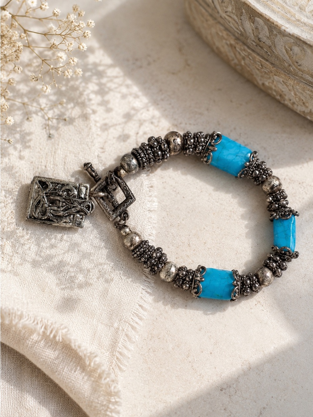Artisan Prayer Box Bracelet Turquoise Boho Bali Silver Keepsake Hidden Charm